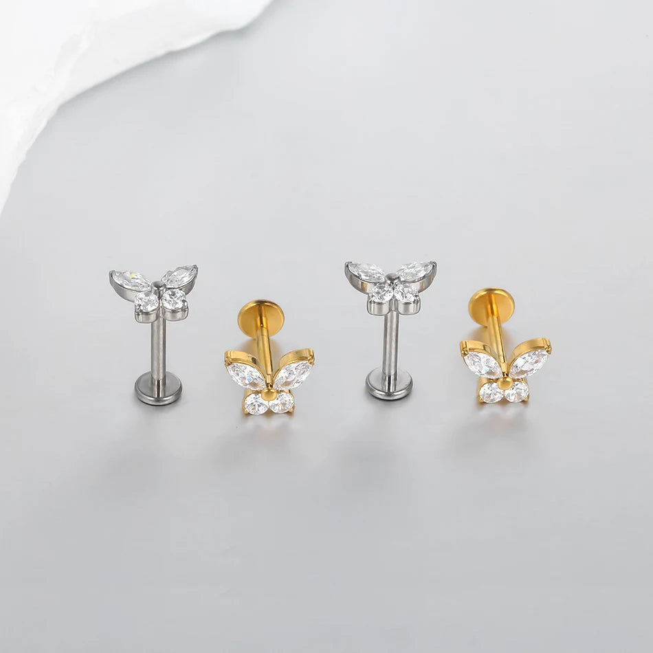 1Pc Titanium Ear Cartilage Stud Earrings for Women Internal Thread Zircon Flower Ear Lobe Tragus Helix Lip Rings Jewelry 16G