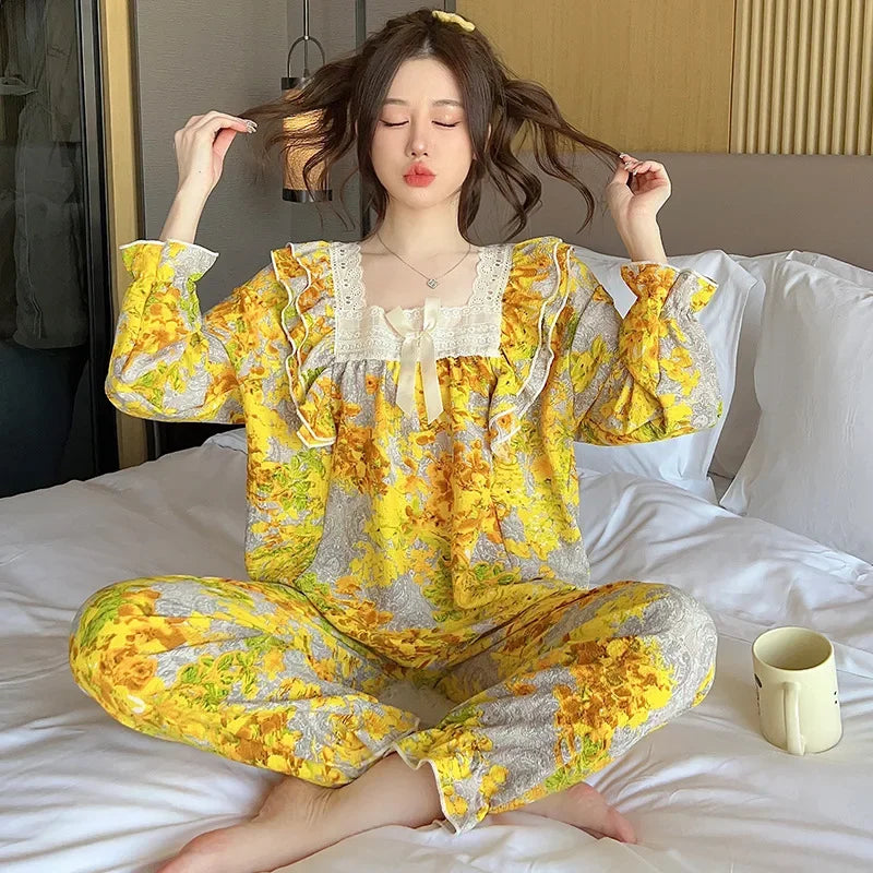 100kg Plus Size Cherry Print Pajama Women Korean Sweet Spring Long Sleeve Top Long Pants Plaid Homewear Princess Loose Outfits