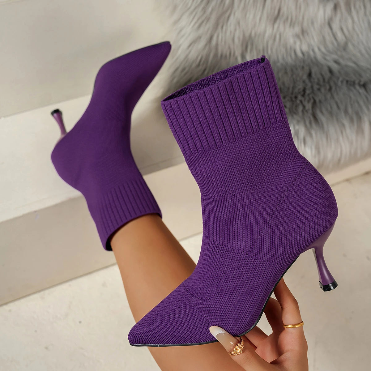 Spring Autumn Women Ankle Boots Slip-On Green Chelsea Boots Women Luxury Stretch Fabric Women Socks Shoes Pointed Toe High Heels