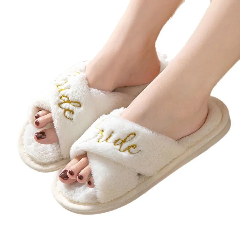Fashion White Plush Home Slippers for Women Letter Print Cross Strap Fluffy Bridal Slippers Woman Comfort Non Slip Indoor Slides