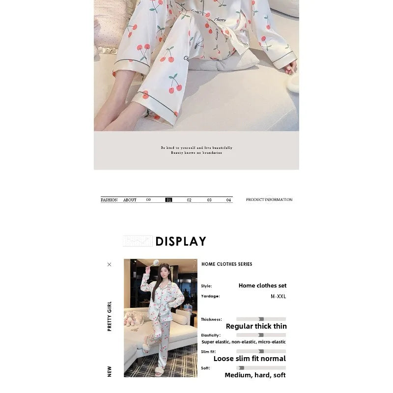 Sweet Cherry Print Satin Long Sleeve Pajama Set Soft Comfortable Loungewear for Women