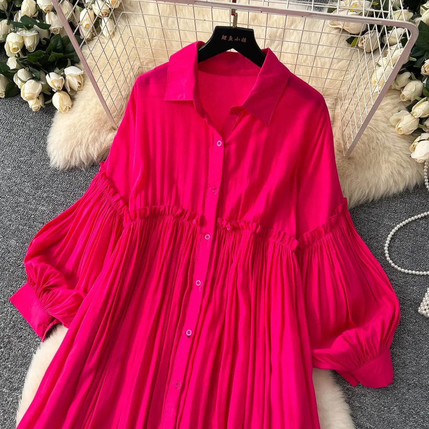 Pleated Dress Women Long Dresses A Line Vestidos Streetwear Lantern Sleeve Elegant Splice Y2k Single Breasted Loose Summer 2025
