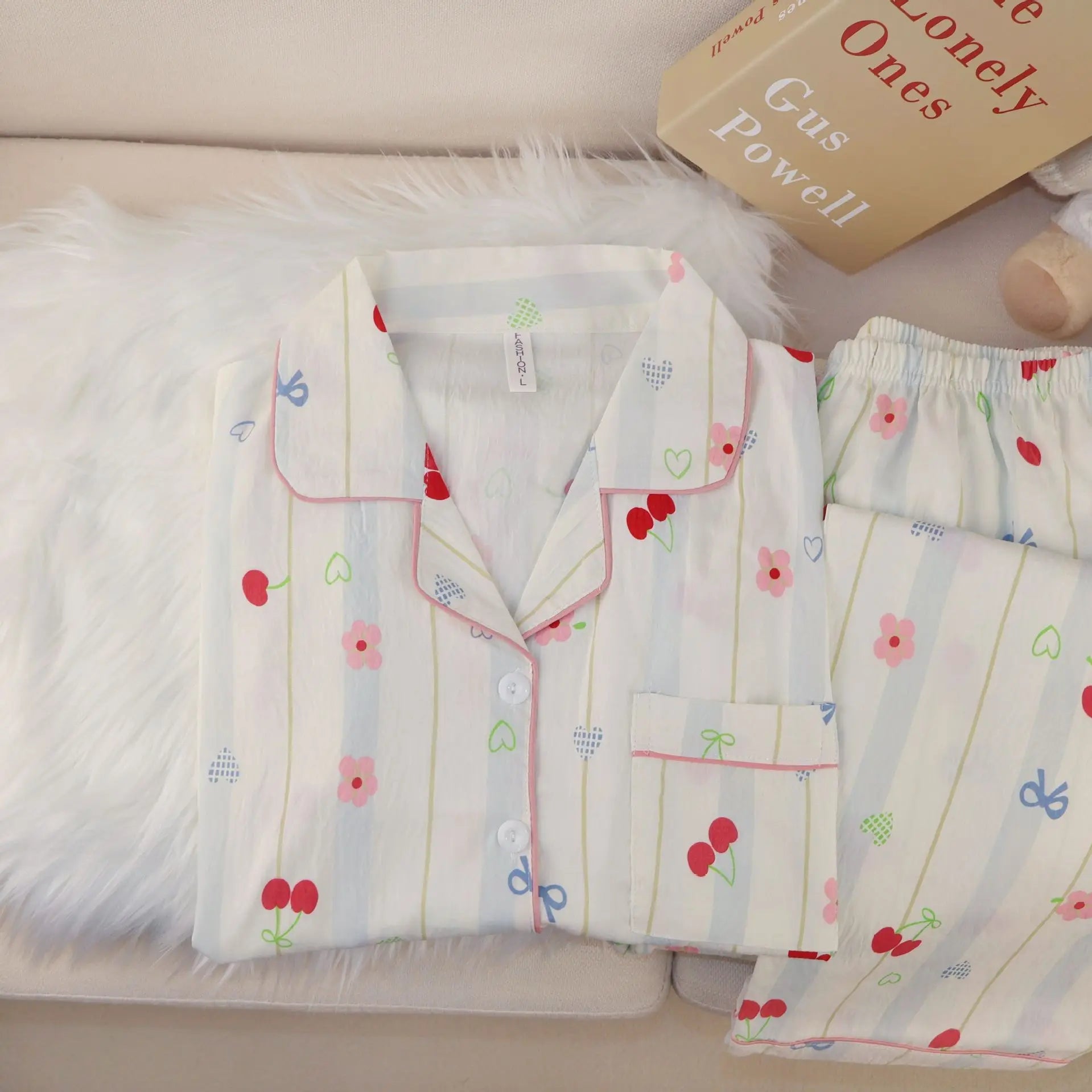 New Pajamas with Cherry Print for Girls Sweet Collared Cardigan Two-Piece Home Outfit Women's Sleepwear Homewear Student