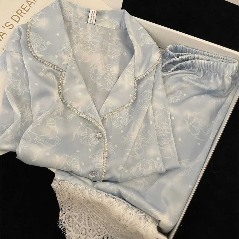Silk Two-Piece Ladies Set Pijama Autumn Floral Long Sleeve Button Up Top & Pants Sleepwear Woman Nightwear Sexy Pajamas Set