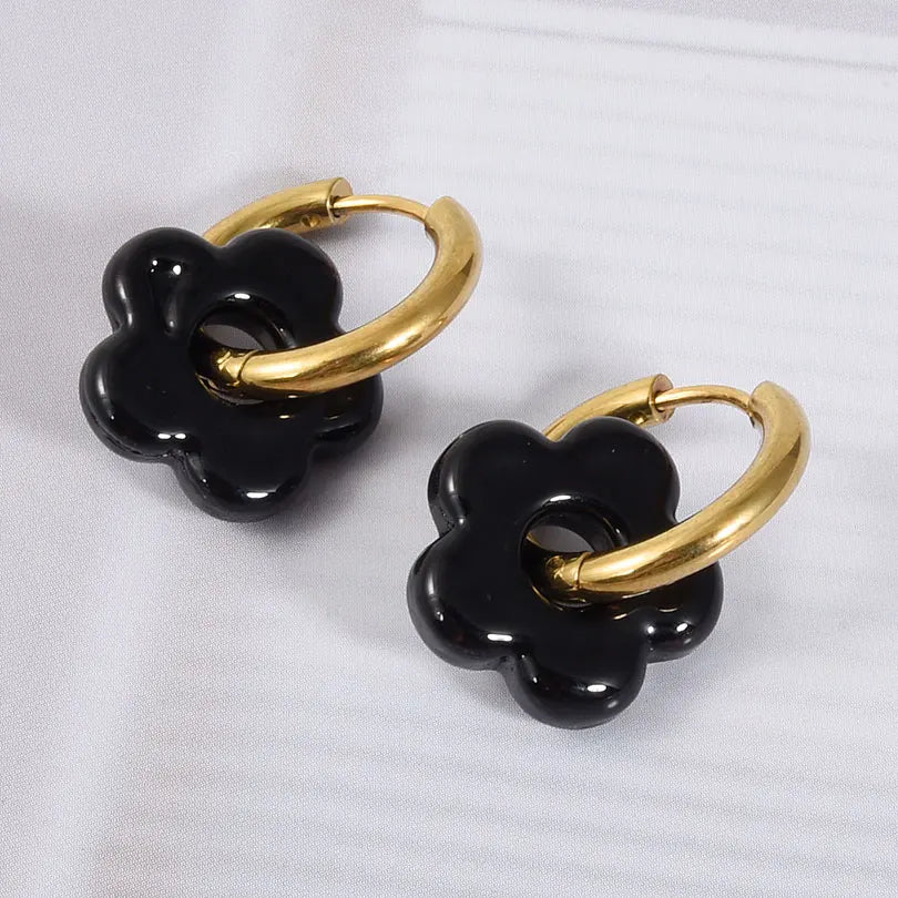 Colorful Flower Glass Drop Charms Earring Gold Color Circle Ear Buckle Hoops Stainless Steel Earrings Fashion Jewelry for Women