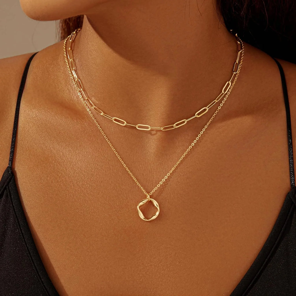 Layered 14K Gold Plated Necklaces for Women Stackable Silver Plated Circle Paperclip Chain Pendant Choker Necklace Set For Woman