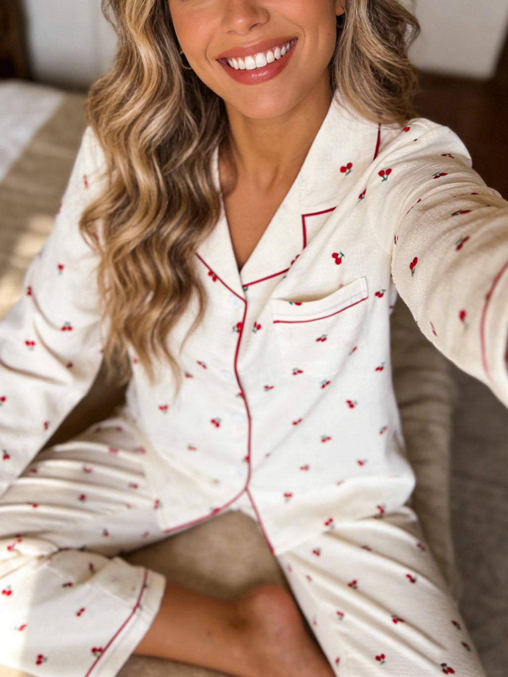 Women Pajamas Notch Lapel Long Sleeve Pants 2 Piece Set Spring Fall Winter Cute Cherry Print Homewear