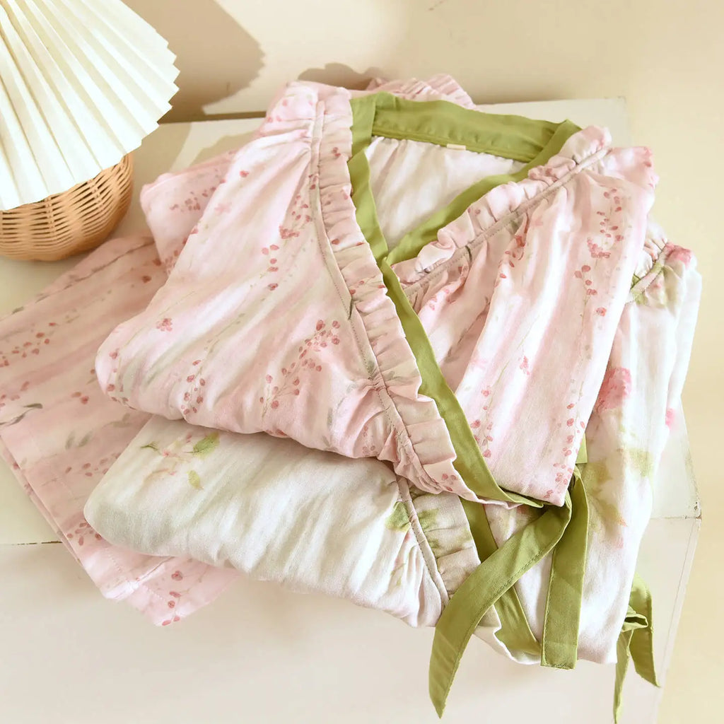 Japanese Kimono Style Pajama Set Women Ruffle V Neck 100% Cotton Crepe Loungewear Breathable Floral Sleepwear for Spring