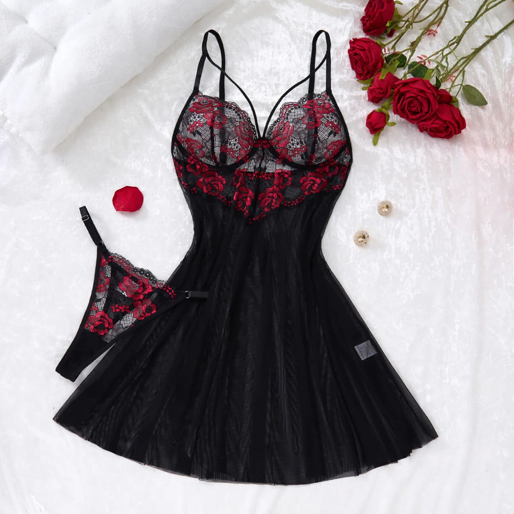 Lady's Sexy Lace Black Strapless Nightgown Transparent Floral Pattern Nightdress ZA825133