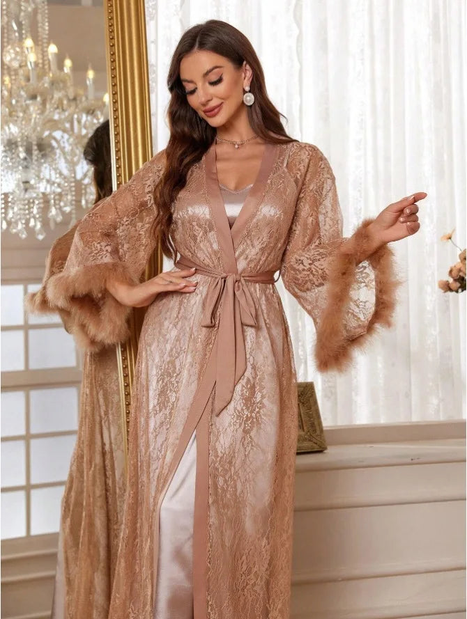 Luxury Party Night Dress Set Women Sexy Mesh Lace Floral Kimono Robe Gown Long Bathrobe Intimate Lingerie Satin Sleepwear