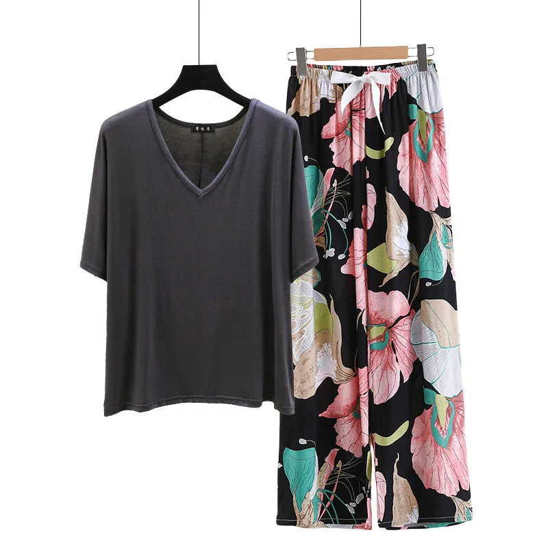 V Neck Tshirt with Poplin Floral wide leg pants summer cool pajamas sets Loose casual homewear suit Rayon Loungewear all match