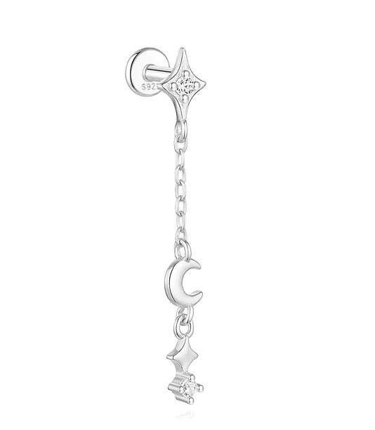 CANNER 1PC 925 Sterling Silver Eight-pointed Star CZ Piercing Earring For Women Ins Tassel Chain Stud Earring Party Fine Jewelry