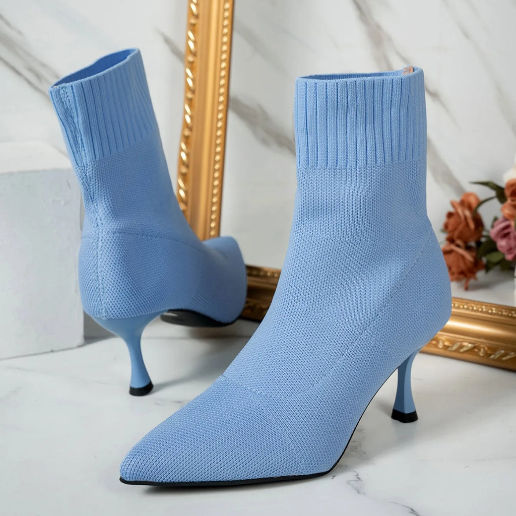 Spring Autumn Women Ankle Boots Slip-On Green Chelsea Boots Women Luxury Stretch Fabric Women Socks Shoes Pointed Toe High Heels