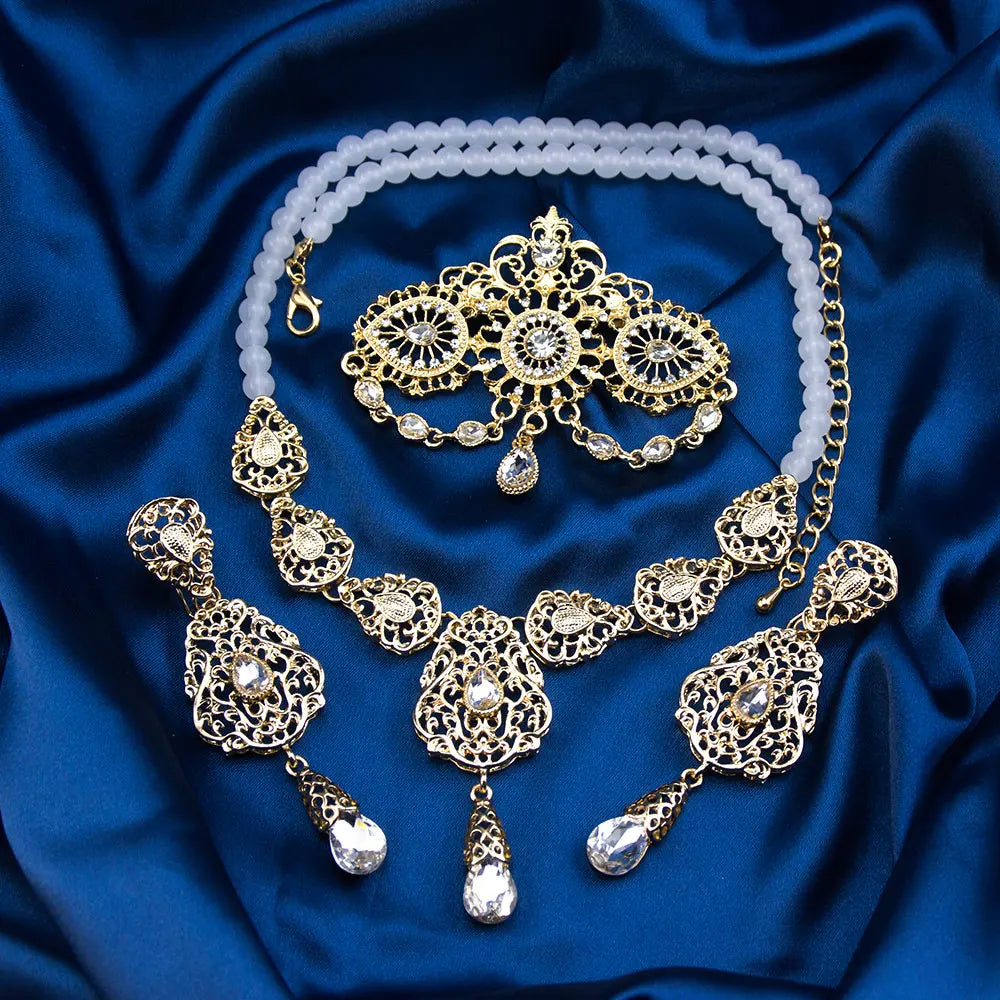 Sunspicems Gold Color Arabic Morocco Bridal Wedding Jewelry Sets Beads Necklace Waterdrop Pendant Long Earring Filigree Brooch