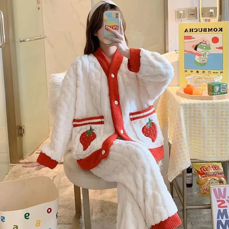 Pyjama épais en flanelle et velours corail fraise, vêtements de maison pour femmes, ensemble de vêtements de nuit à col en v, sa