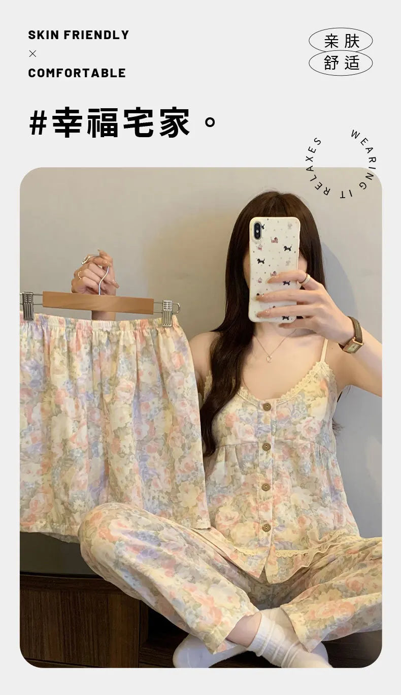 Women's Sleepwear Korean Version Floral Sleepwear Women's Summer Thin Design with Chest Cushion Cloud Cotton Suspender Pants