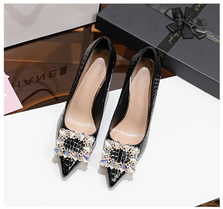 FyLuan New Fashion Women Pumps Rhinestone Square Ladies Shoes Pointed Beaded Female High Heels Sexy Comfortable Lady Stiletto