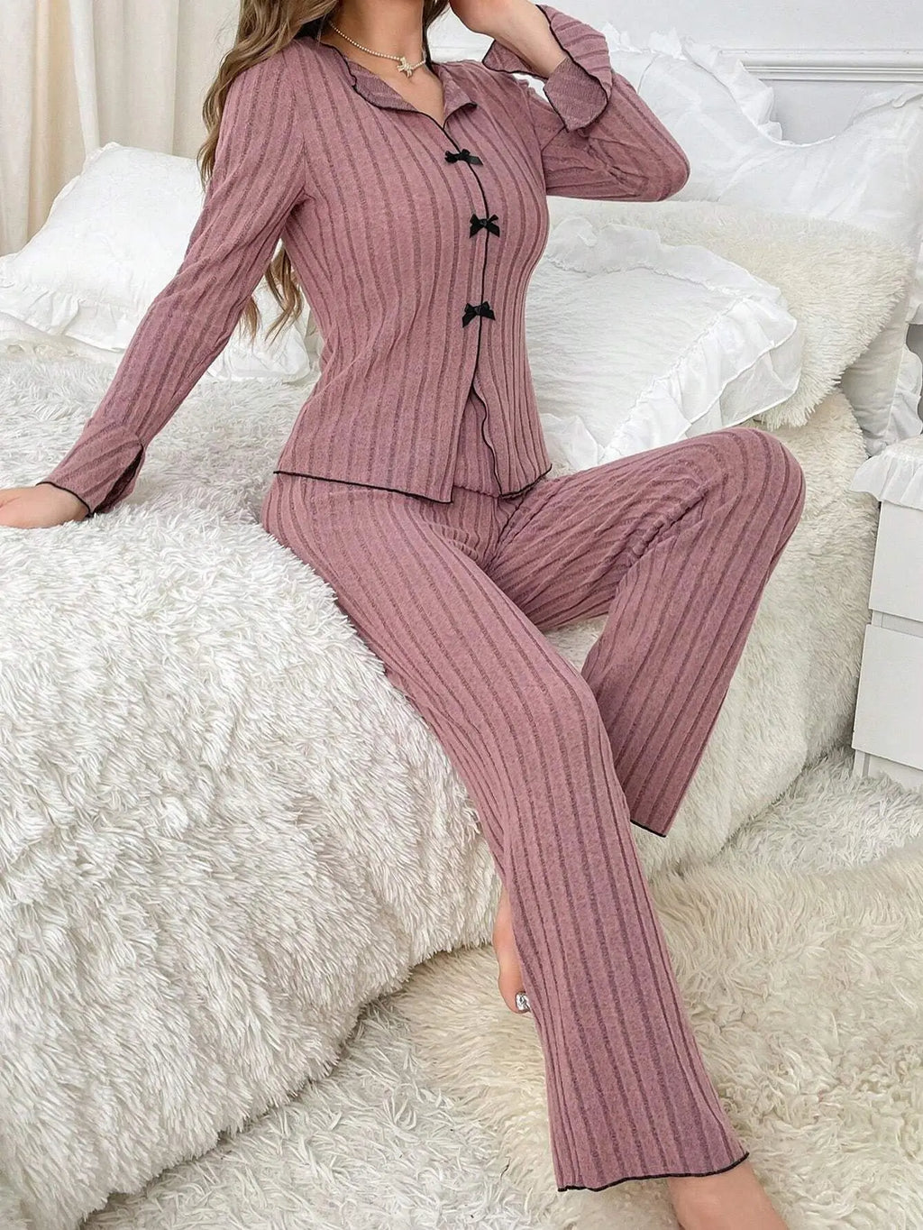 New 2025 Women Spring Casual Pajamas Set Comfortable Sleepwear Sexy Long Sleeve Lapel Solid Rib Homewear Female Loose Loungewear