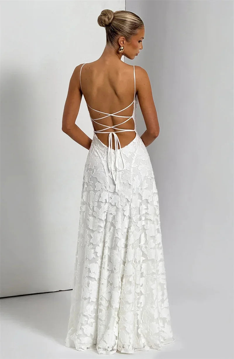 Spaghetti Strap Backless Sexy Maxi Dress Women Gown Fashion Off-shoulder Sleeveless Lace-up Evening Club Party Dress