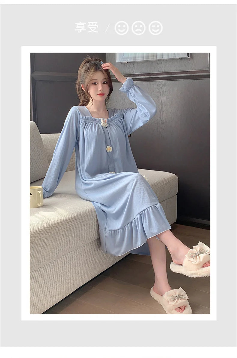 Autumn Winter New Women Cotton Nightdress With Chest Pad Long Dress Sweet Loose Long Sleeve Home Wear