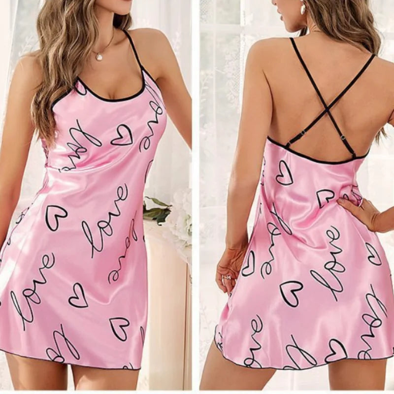 Women's Satin Nightdress, Heart & Floral Print Spaghetti Strap Sleep Dress, Casual Round Neck Sleepwear Slip