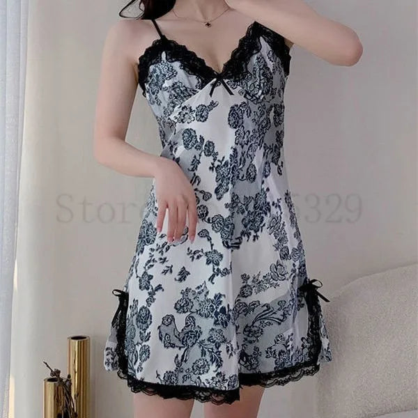 Print Flower Chemise Sleepwear Nightgown Short Summer Sexy Spaghetti Sling Homewear Satin Lace Patchwork Female Nightdress