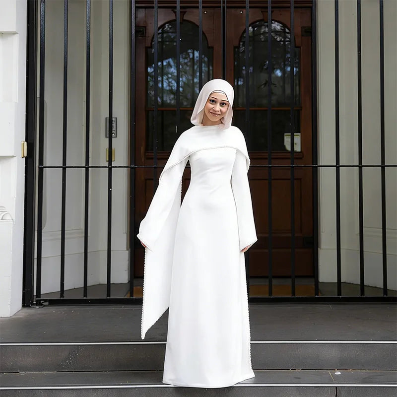 White Pearl Trim Cape Maxi Dress Women Elegant Long Sleeve Cinched Waist Muslim Robes 2026 Spring EID Abaya Lady Dresses