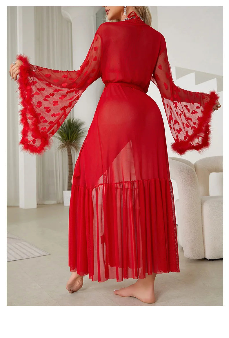 Sexy Bride Wedding Dress Soft Mesh Lace Flower Robe Long Kimono Nightwear Loose Bathrobe Feather Trim Big Sleeve Nightgown