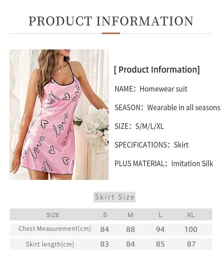 Women's Satin Nightdress, Heart & Floral Print Spaghetti Strap Sleep Dress, Casual Round Neck Sleepwear Slip