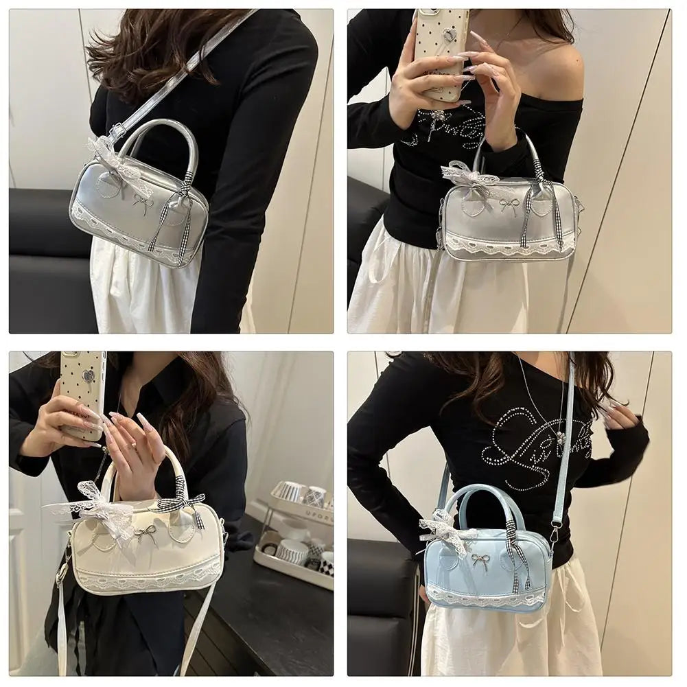 Simple Elegant Handbag Boston Shoulder bag Lace Ribbon Bow Decor Crossbody Bag Small Square Bag Casual Women Bags ﻿