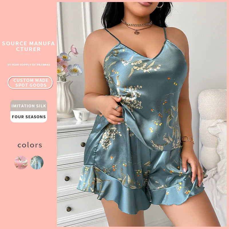 Plus Size Floral Satin Pajama Set Euro Style Two Piece Sleepwear Cooling Silk Like Loungewear for Women Breathable Homewear