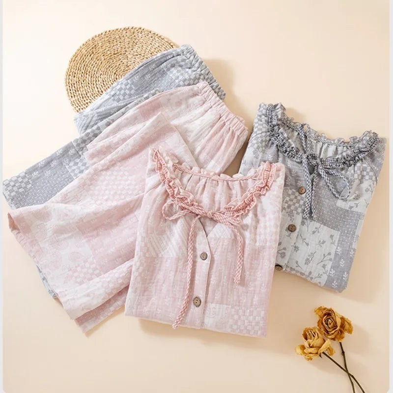 Cottagecore Romantic Pajama Set Women Soft Cotton Gauze Ruffle Neck Loungewear Sweet Patchwork Print Sleepwear 2 Piece Suit