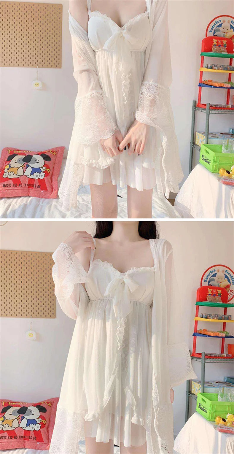 Elegant Sweet Simple Solid White Women Robe Gown Sets Chic Lace Bow Mesh  Sleepwear Breathable Slim Nightdress