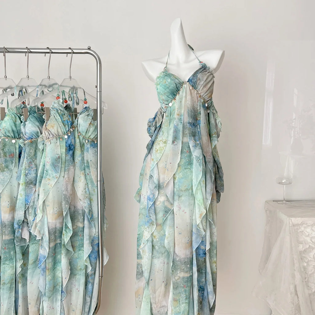 2025 Elegant Halter Neck Ruffled Maxi Dress Women Blue Green Floral Print Bohemian Design Beach Vacation Casual Party Dress New