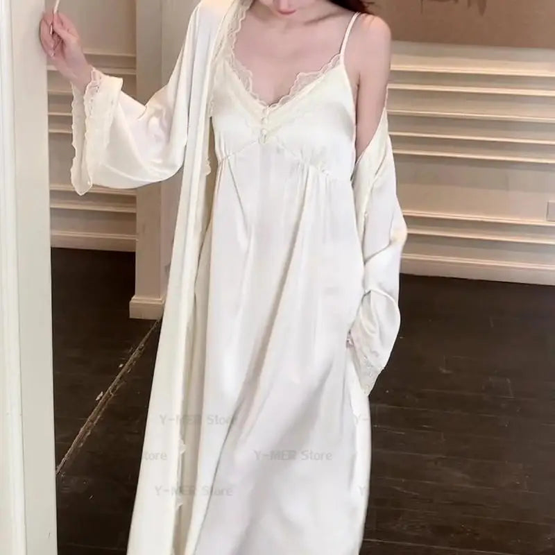 2025New Long Sweet Blue Robe Set Women Elegant Bathrobe Rayon Kimono Sexy Lace Floral Home Dressing Gown Princess Loungewear