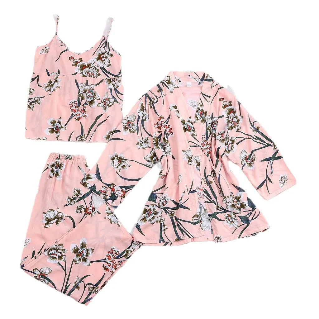 Luxury 3-Piece Pajama Set - Floral Print Camisole + Palazzo Pants + Kimono Robe | Women's Sexy Lounge Wear