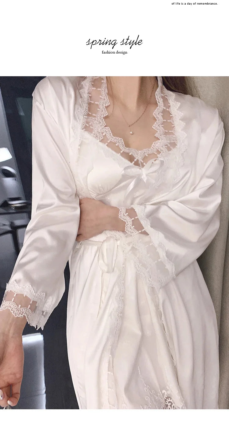 Bride Wedding Dress Set Dot Lace Flower Nightgown Lady White 2Pcs Nighty&dress Suit Sleepwear Satin Loungewear Kimono Bathrobe