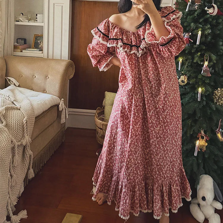 100% Pure Cotton Nightgown Women 2026 New Arrival Spring Summer French Retro Sweet Flower Printed Nightdress Loungewear
