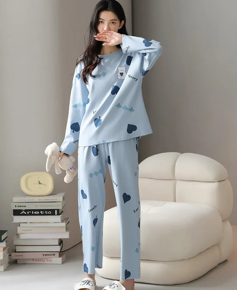 2PCS/Set Ladies Four Seasons Pajamas Long Sleeves Cartoon Casual Student Homewear Girl Giraffe Cute Print Women Sleepwear
