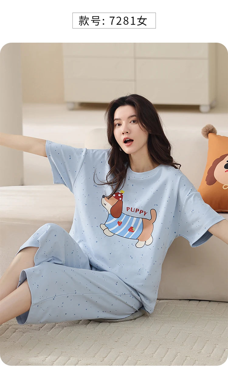 MiiOW 2Pcs Summer Women's Pajamas Set Cotton Short Sleeve Woman Homewear Cute Pink Patchwork Print Girls Pajamas Woman Sleepwear