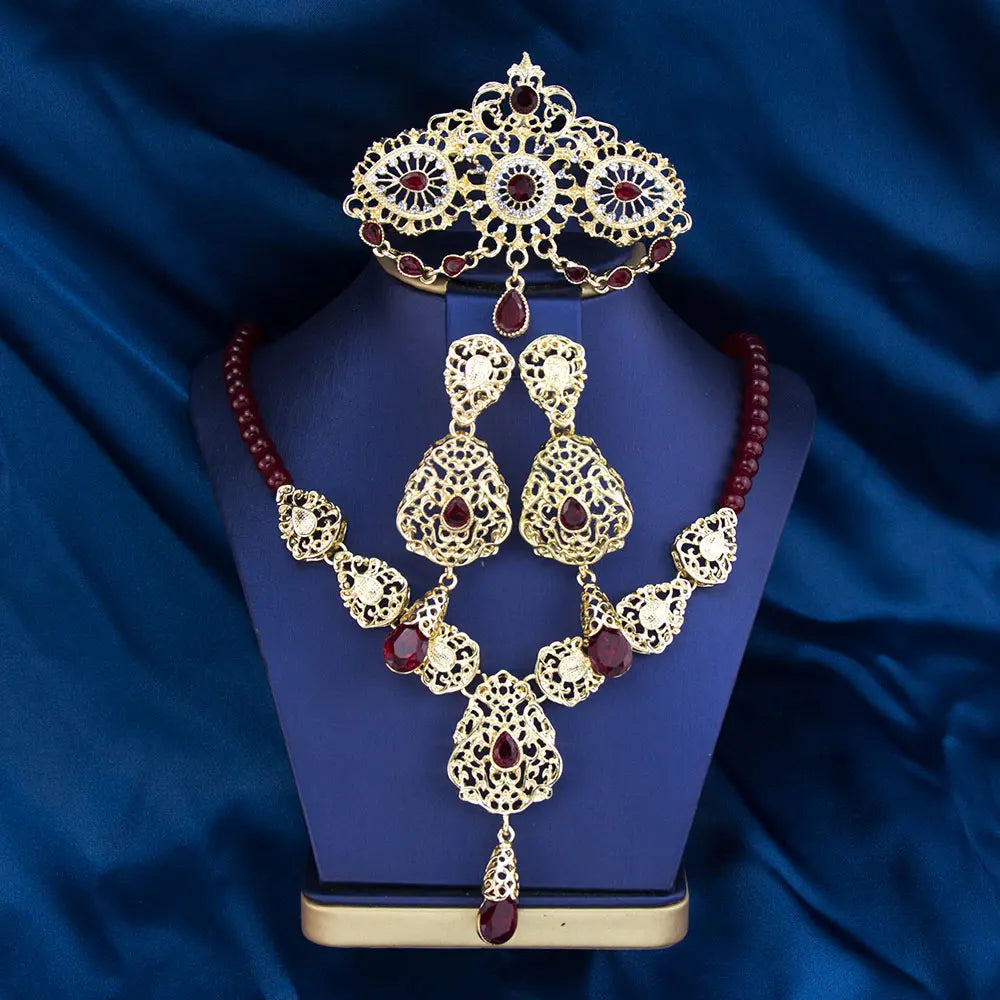 Sunspicems Gold Color Arabic Morocco Bridal Wedding Jewelry Sets Beads Necklace Waterdrop Pendant Long Earring Filigree Brooch