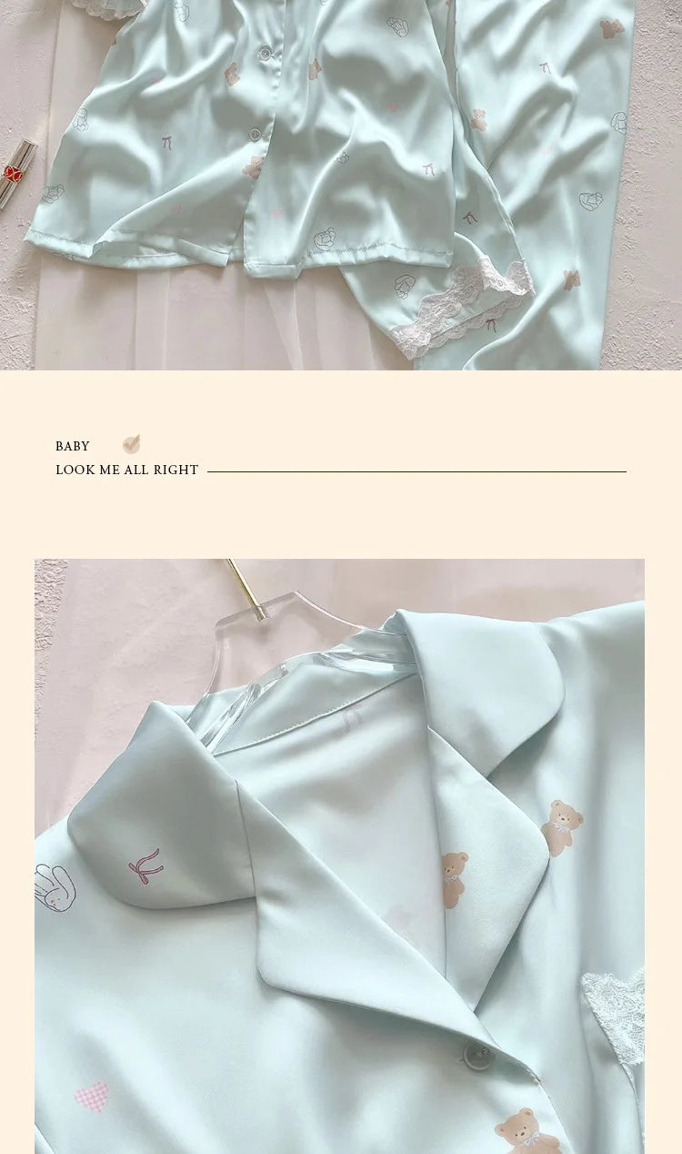 Bear Print Pajamas Women Cool Ice Silk Short Sleeve Pants Loungewear Cardigan Lace Fall and Winter Two-Piece Set Plus Size