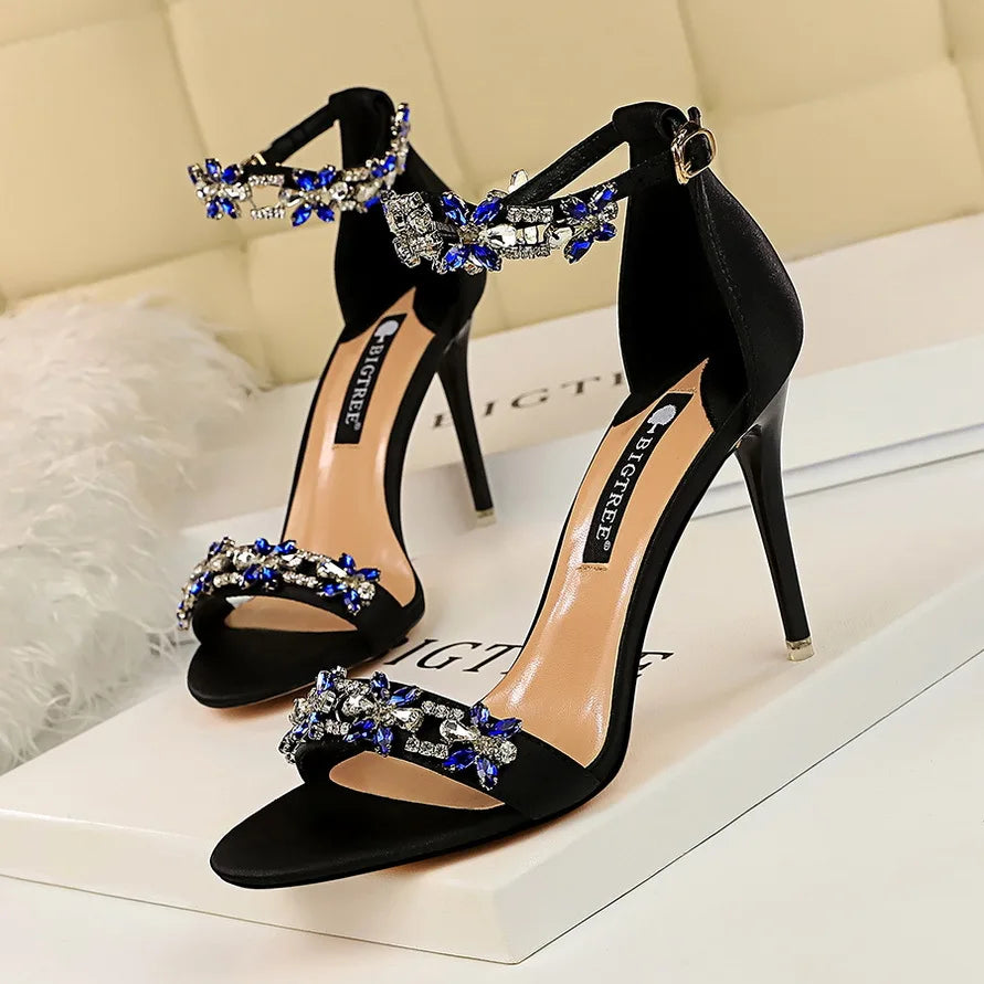 Open Toe Rhinestones Sandals Women 2024 New Designer Luxury High Heels Female Shoes Summer Heeled Satin One Word Belt 368-1