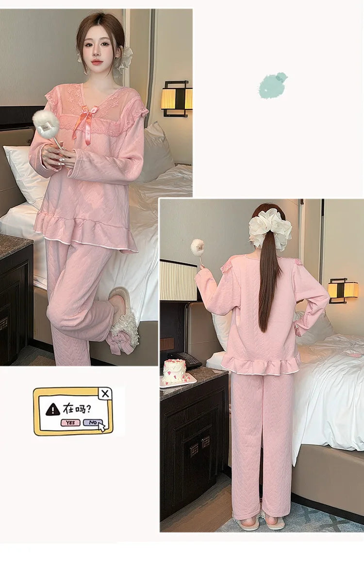 M-5XL Large Size Princess Sle Pajamas Set Women Autumn Long Sleeve Pants Home Clothes Lace Trim Solid Spwear Two Piece Set