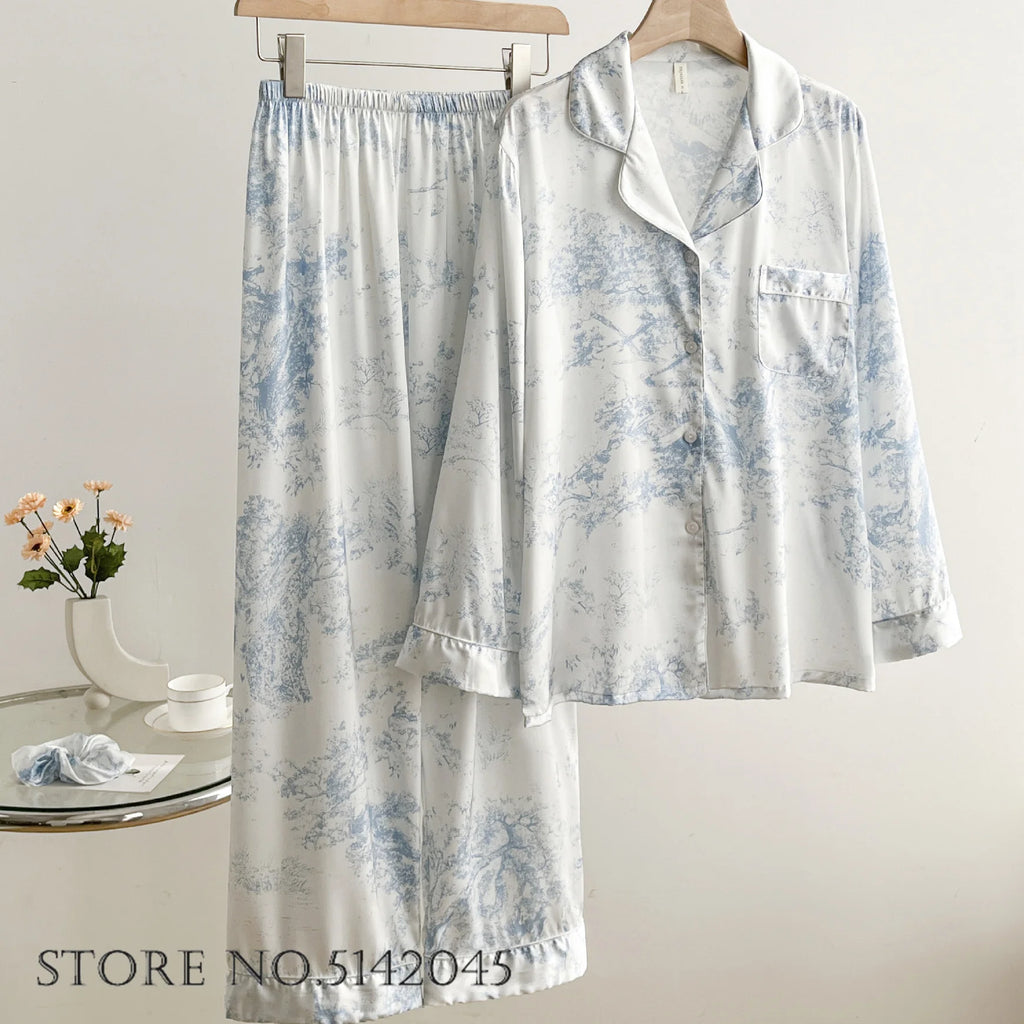 Long Sleeve 2PCS Pjs Trouser Suits Sweet Cute Print Cartoon Sleepwear Pyjama Pour Femme Spring Autumn New Satin Home Clothes