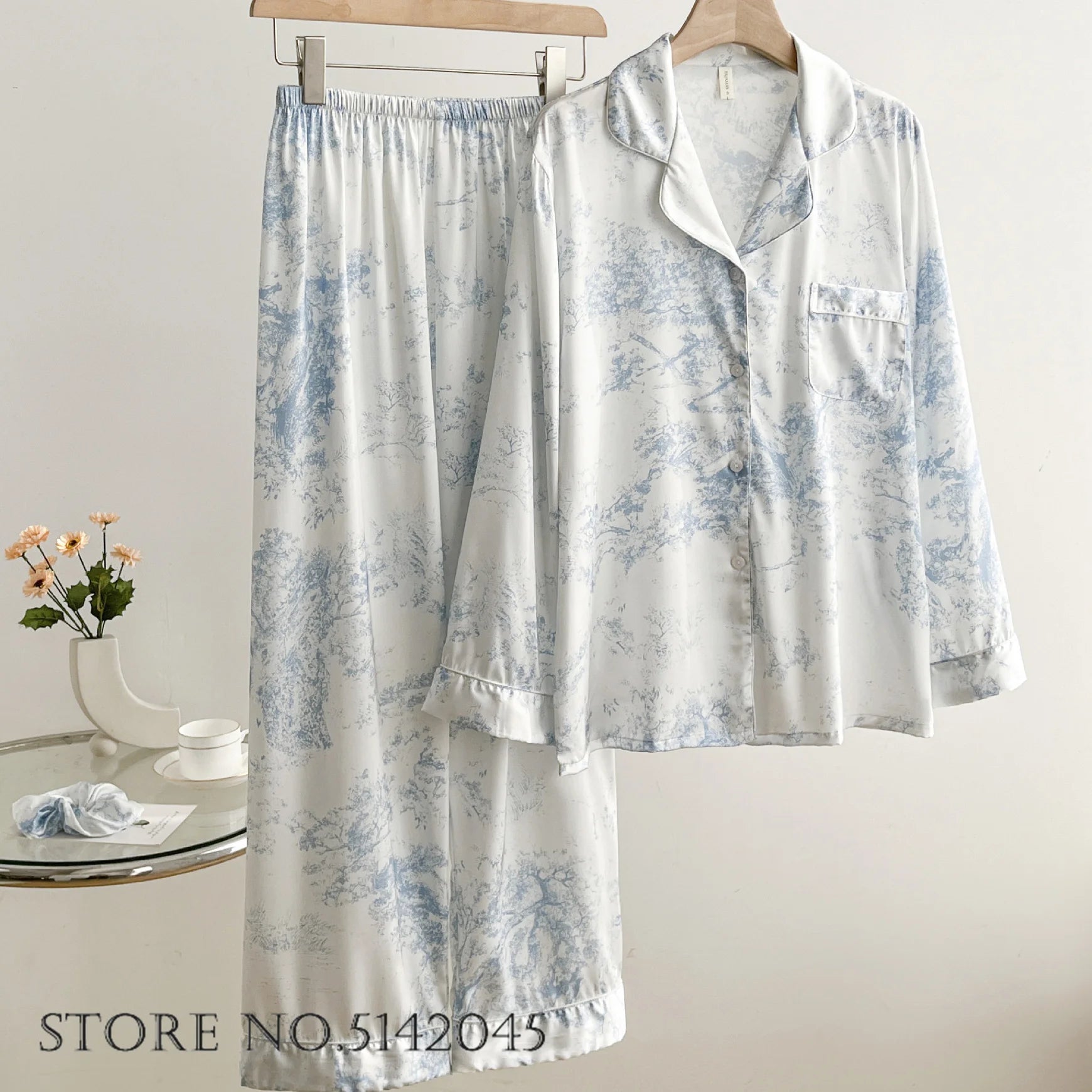 Long Sleeve 2PCS Pjs Trouser Suits Sweet Cute Print Cartoon Sleepwear Pyjama Pour Femme Spring Autumn New Satin Home Clothes