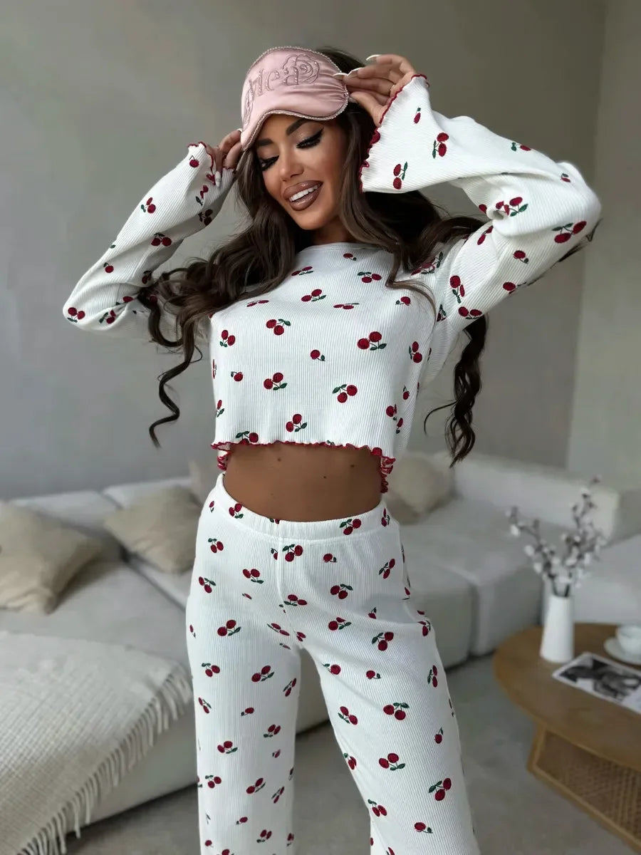 Autumn Winter Pajama Set Women 2pcs Y2K-Style Cherry Print Cuffed-Long-Sleeve Tops and Long Trousers Sleepwear Homewear