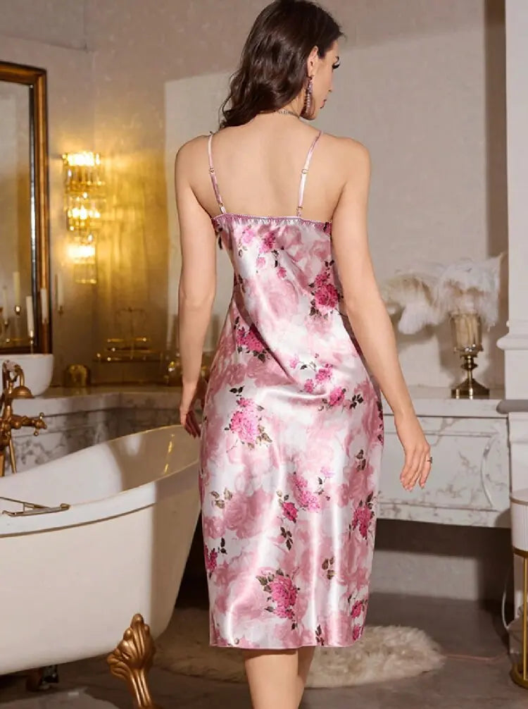 Women's Elegant Comfortable Floral Print V-Neck Spaghetti Strap Long Nightdress Loungewear