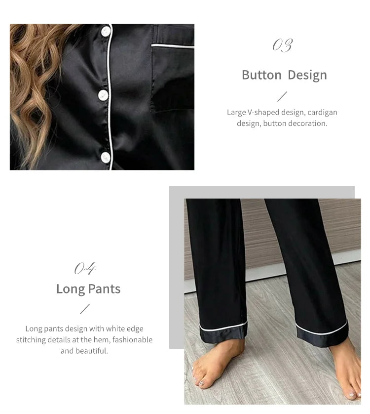 Women Pajamas Sets Spring Short Sleeve Satin Button-Down Top with Pants 2 Piece Pajama Set Sleepwear Pj Set Homewear Loungewear