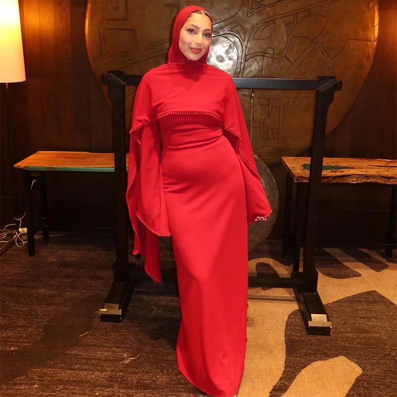 White Pearl Trim Cape Maxi Dress Women Elegant Long Sleeve Cinched Waist Muslim Robes 2026 Spring EID Abaya Lady Dresses